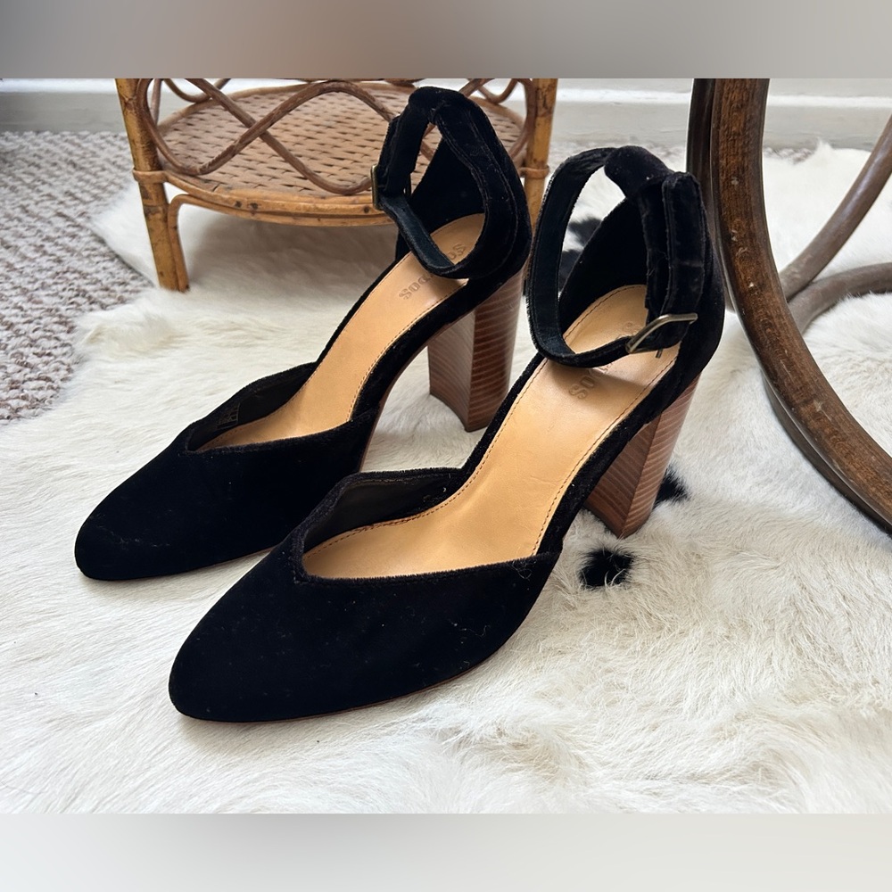Pair of black velvet Soludos heels from Anthropologie